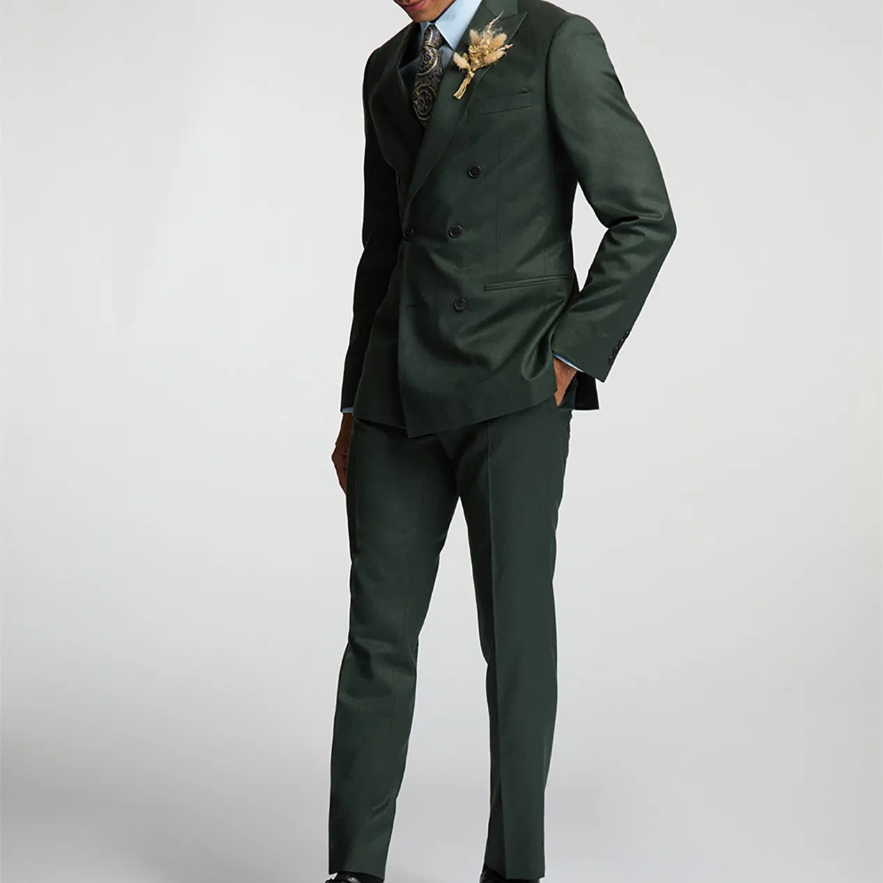 Men's Custom Tailored Double-Breasted Suit - Olive Green Slim Fit, Formal Business Attire, and Elegant Design
