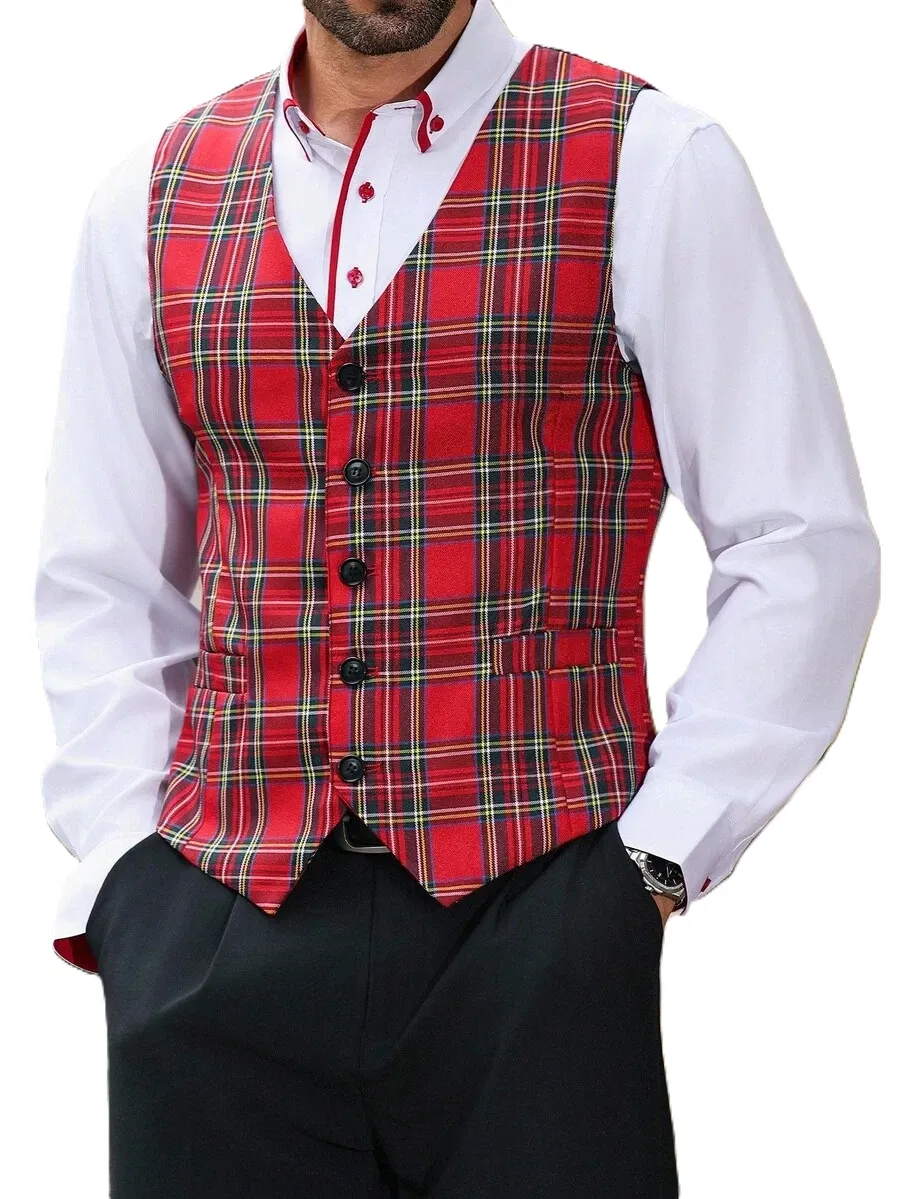 Red Plaid Mens Vest front view