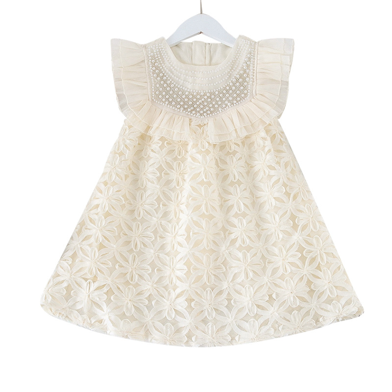 Nnr Summer Pearl Sweet Fashion Plain Color Kids Girls Lace Dresses Knit Cotton