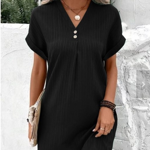 Women's Summer 2023 New V-neck Solid Color Knee-Length Loose Fit Casual Button Pullover Dress Comfortable Washable Natural Front