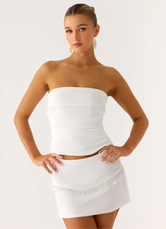 Womens Low Waist Bodycon Mini Skirt, Shell &amp; Bead Fringe Trim Skirt, Elegant Skirt for Cocktail Parties &amp; Resort Wear