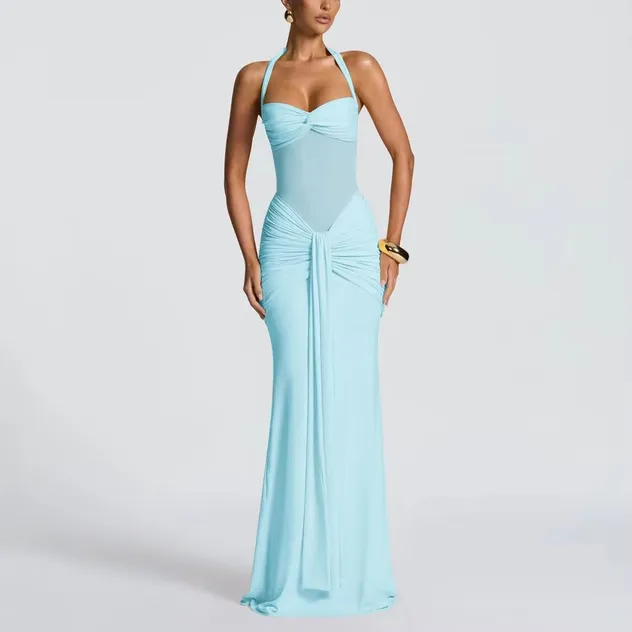 Halter Neck Mesh Long Dress Fashion New Mesh Patchwork Elegant Mermaid Tail Ribbon Dress