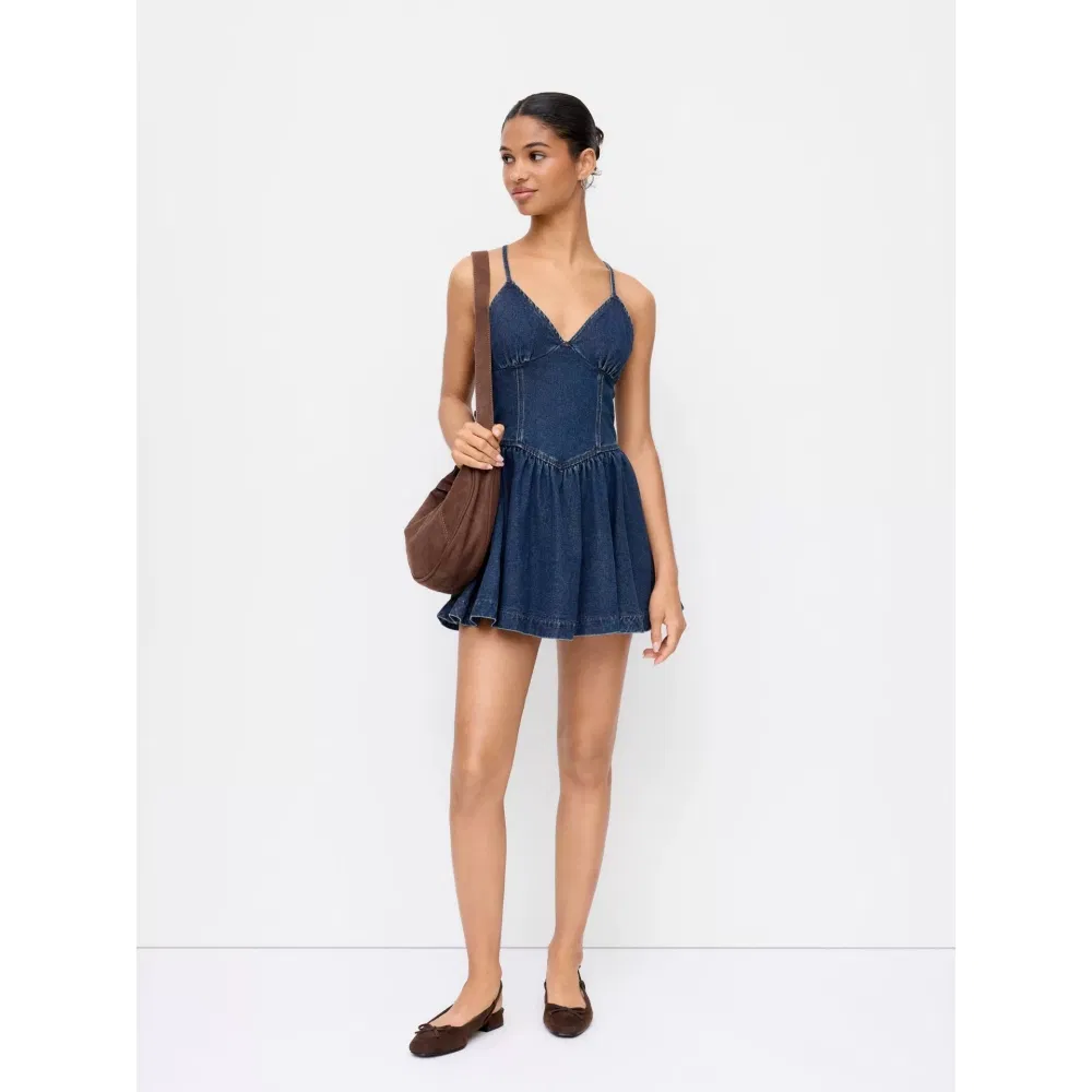 Wholesale Custom High Quality Denim V Neck Camisole Mini Dress Women's Spring Summer Comfort Vacation Casual Daily Ladies Apparel
