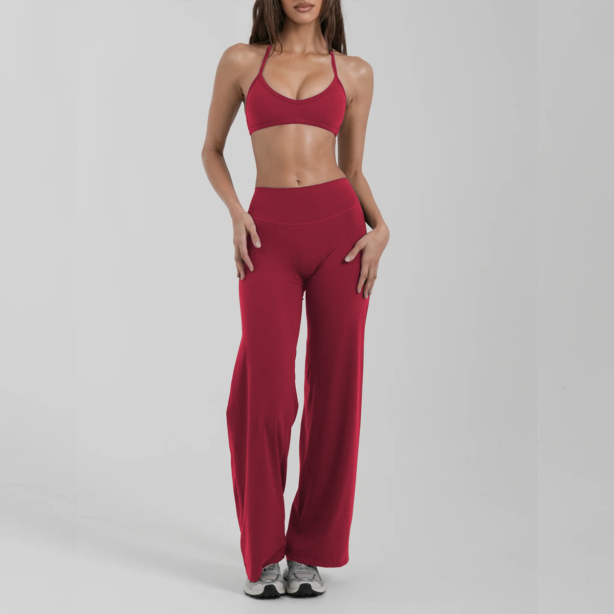 Loungewear Women Sets Custom logo Gym Wear Activewear Clothing Wholesale Two Piece Yoga Bra Top and Wide Leg Leggings Set