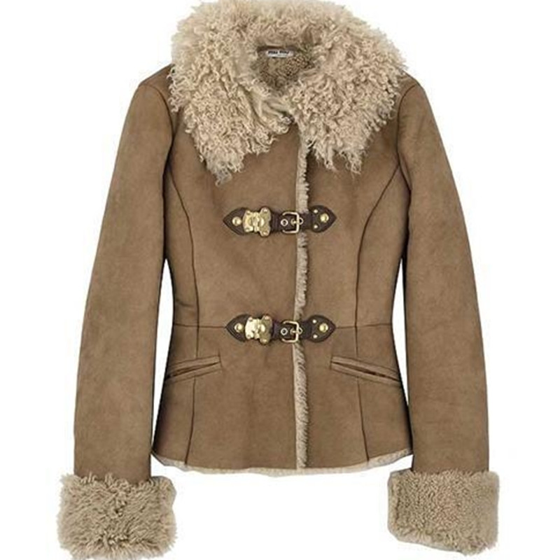 Winter Women Faux Suede Leather Jacket Wool Fur Outer Wear