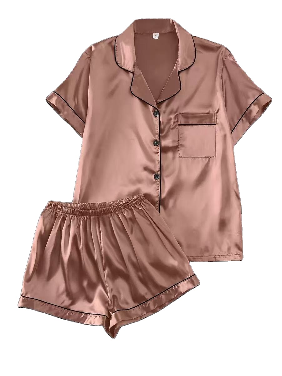 2 Pcs Women's Cute Comfortable Stain Pajamas Set Turn-Down Collar Elastic Waist Short Sleeve Trousers Sleepwear/Leisure/Night