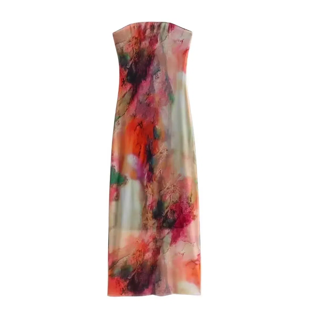 Sexy Women Dress Slim Fit Strapless Mesh Printed Long Dress Chiffon Holiday Resort Wear Fashion Ladies Dresses European Style Custom Clothing OEM ODM