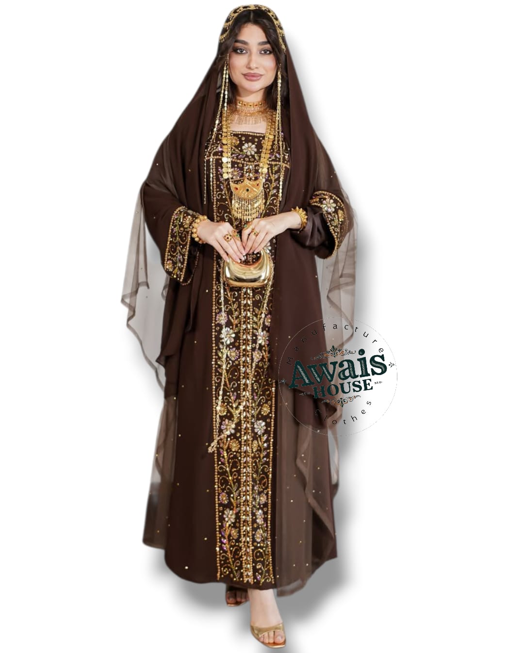 Women's Modest Simple Solid Chiffon Kaftan Luxury Light Beaded Floor-Length A-Line Silhouette Long Sleeve Clothing Muslim Middle