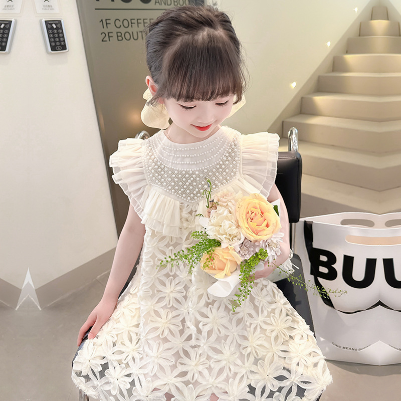 Nnr Summer Pearl Sweet Fashion Plain Color Kids Girls Lace Dresses Knit Cotton