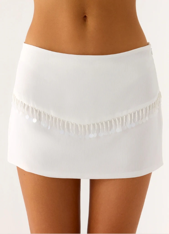 Womens Low Waist Bodycon Mini Skirt, Shell &amp; Bead Fringe Trim Skirt, Elegant Skirt for Cocktail Parties &amp; Resort Wear