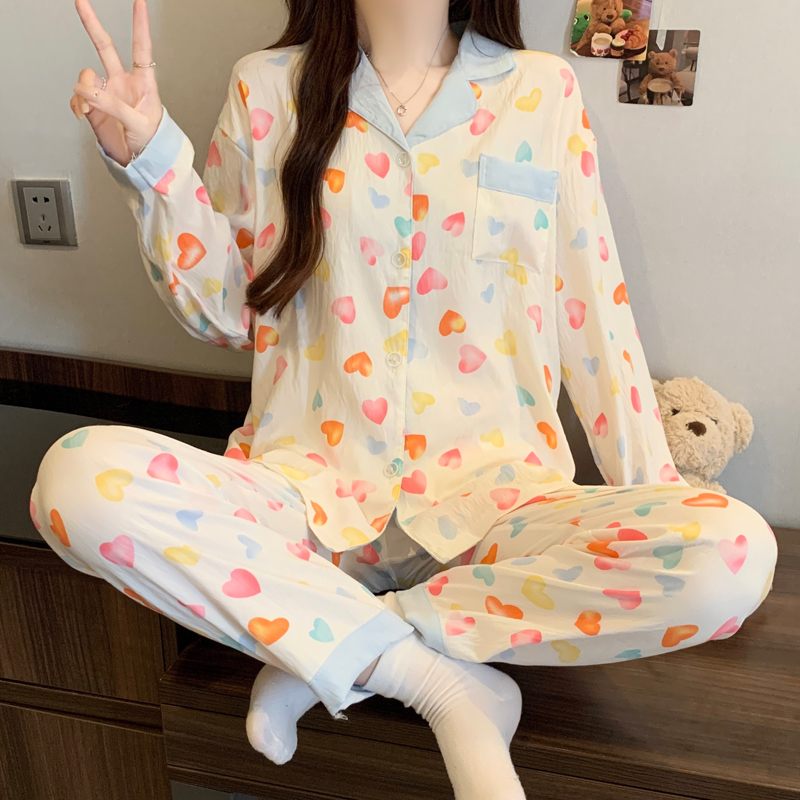Sweet Heart Print Autumn New Arrival Women's Comfortable Loungewear Set With Collar and Long Sleeves
