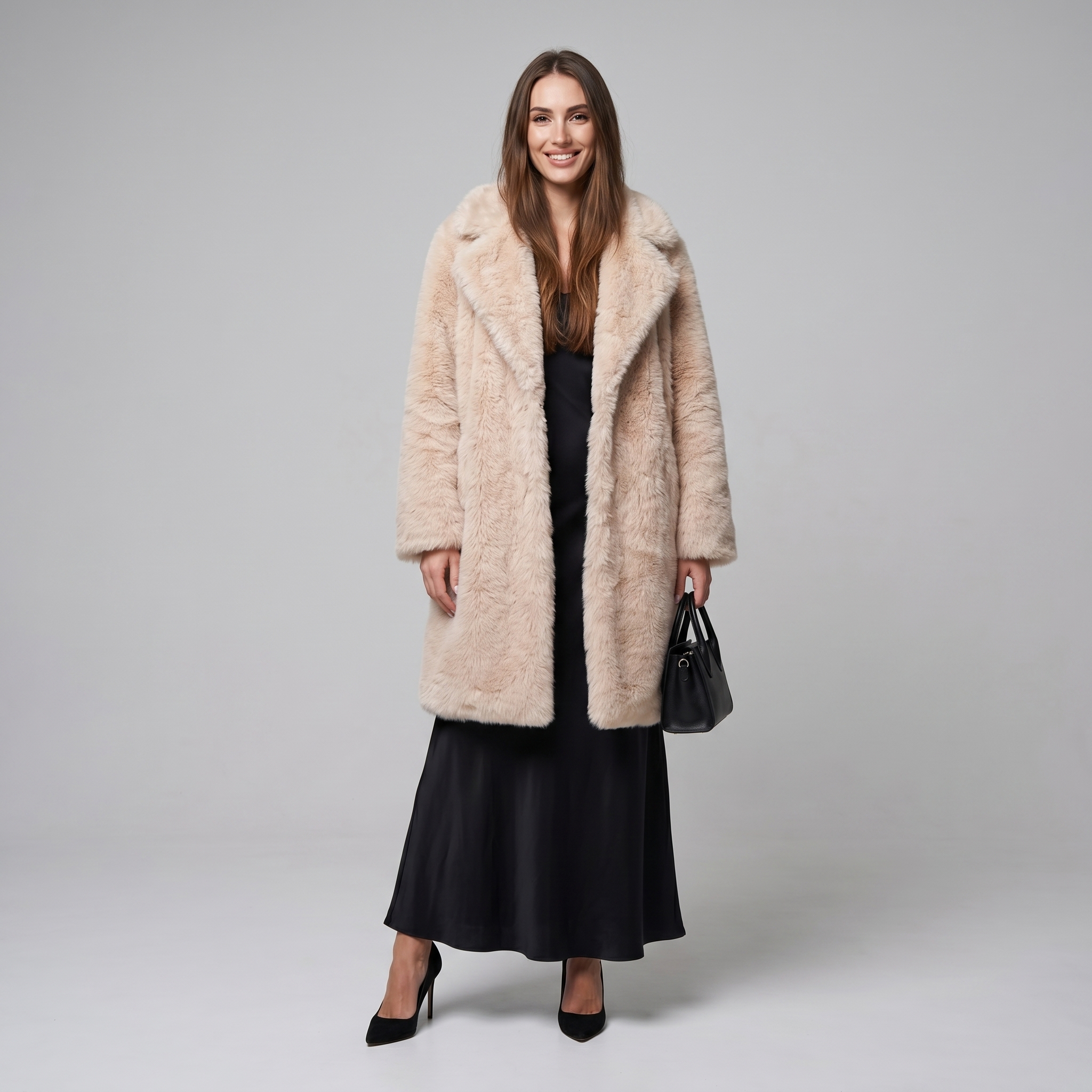 High-end Luxurious Eco-Friendly Women's Rabbit Faux Fur Long V-neck Winter Fashion Single Breasted Loose Overcoat