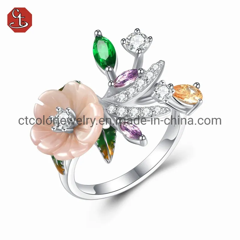 Fashion shell flower jewelry collection enamel green glass flower ladies ring