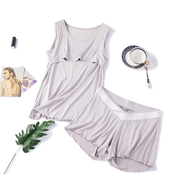 Home Suit Women's Maternity Nursing Set Sleeveless 2 Piece Pregnant Women's Sleepwear Cotton Breastfeeding Pajamas Set