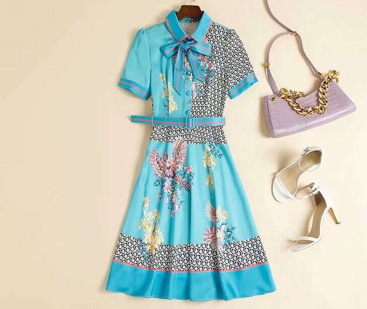 2020 New Fashion Temperament Lapel Short Sleeve Printed Women's Dress