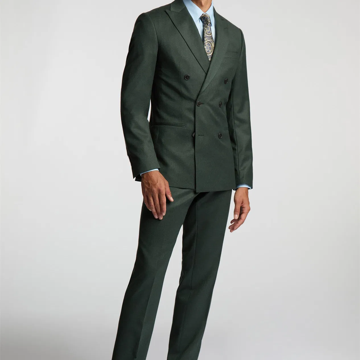 Men's Custom Tailored Double-Breasted Suit - Olive Green Slim Fit, Formal Business Attire, and Elegant Design