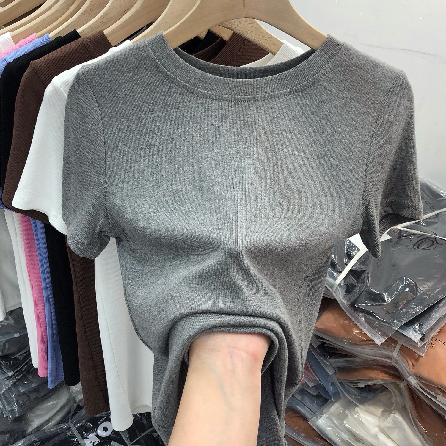 Women's Summer New Cute Slim Crew Neck Viscose Short Sleeve Solid Color All-match Inner Wear Base T-shirt