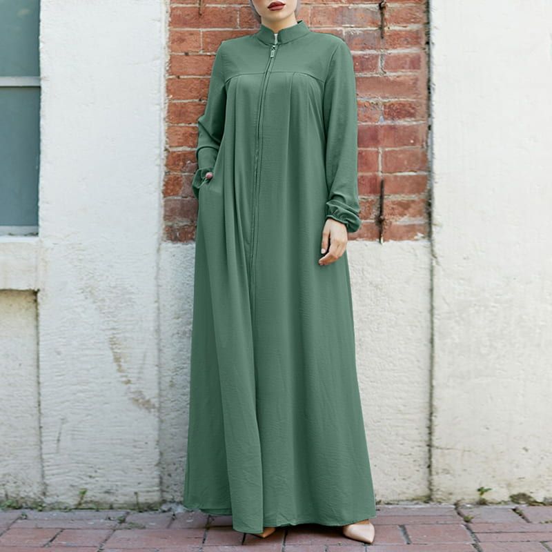 2025 New Handmade Muslim Women's Loose Kaftan Stand-Up Collar Zipper Cardigan Pocket Breathable Arab Style Prayer Dress Middle
