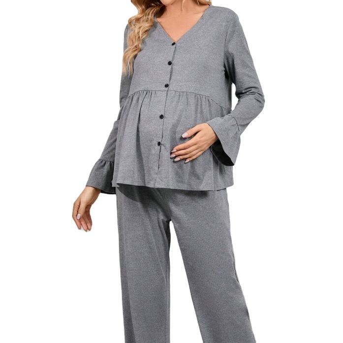 Maternity Button Front Peplum Top Pajamas Pants Adjustable Waist Women Sleep Clothes Wear Pregnant Women Maternity Clothing Set