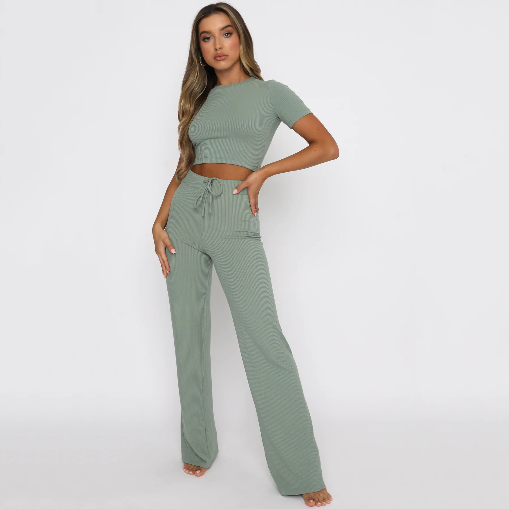 Women's Cotton Ribbed Loungewear Set Breathable Summer T-Shirt and Pants with Vintage Pattern Casual Solid Style