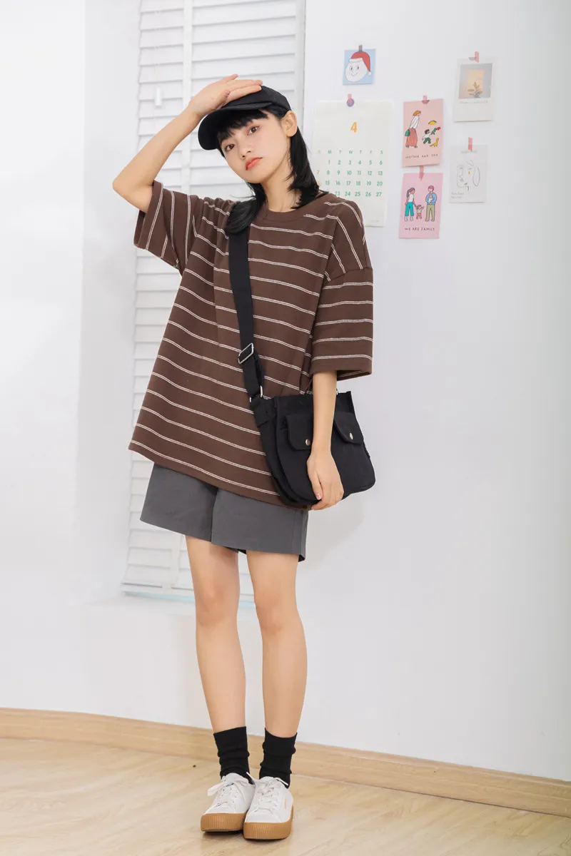 Streetwear Manufacturer Quality Plain Cotton Stripes T Shirt for Women
