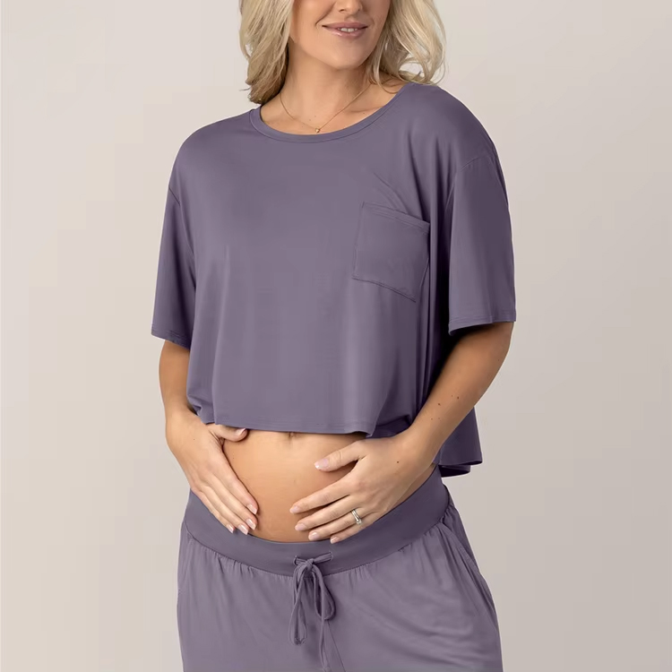 Women Casual Leisure Sets Bamboo Crop Tee Loose-fit Trouser