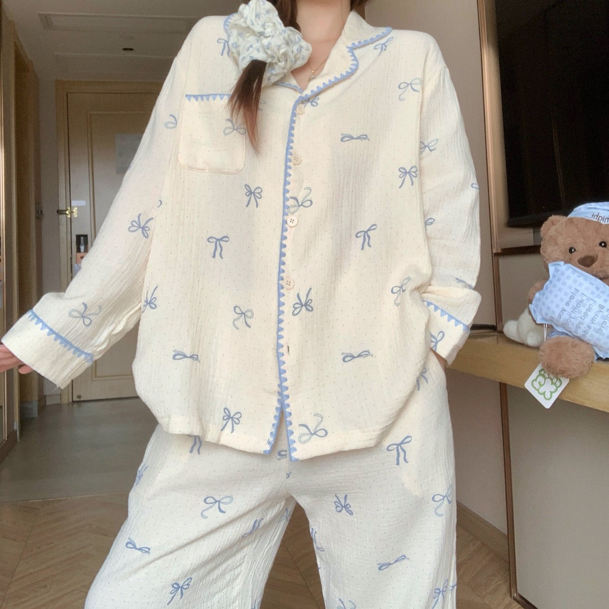 Sweet and Cozy Loungewear Design Spandex Cotton Women's Sleepwear Long Sleeve Pajamas Sets