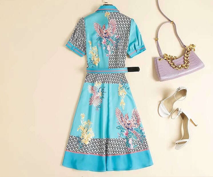 2020 New Fashion Temperament Lapel Short Sleeve Printed Women's Dress