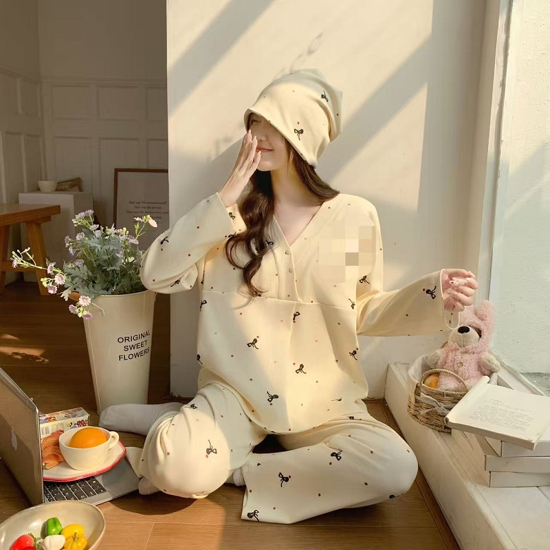 Women's Feeding Homewear With Postpartum Cap V-neck Breastfeeding Sleepwear Maternity Pajamas Pregnancy Nightwear Loungwear