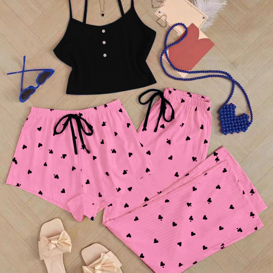 EHK0100 3pcs Women's Heart-Shaped Printed Vest Shorts and Pants Paired with Ribbed Fabric Home Casual Women's Sleepwear Set