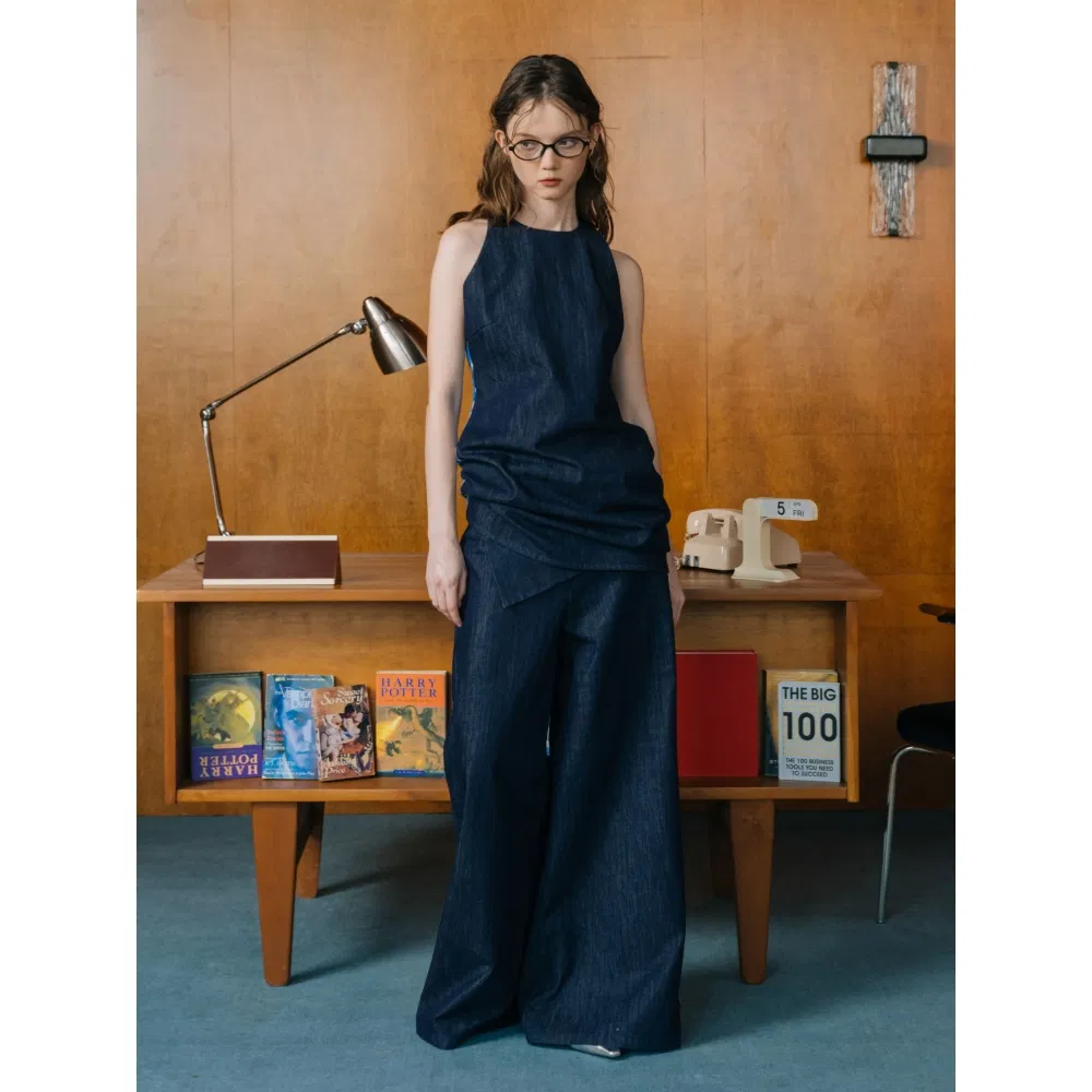 Wholesale Custom Designer Style Round Neck Sleeveless Denim Dress Women Summer Elegant Waist Cinched A Line Tank Mini Skirt Apparel
