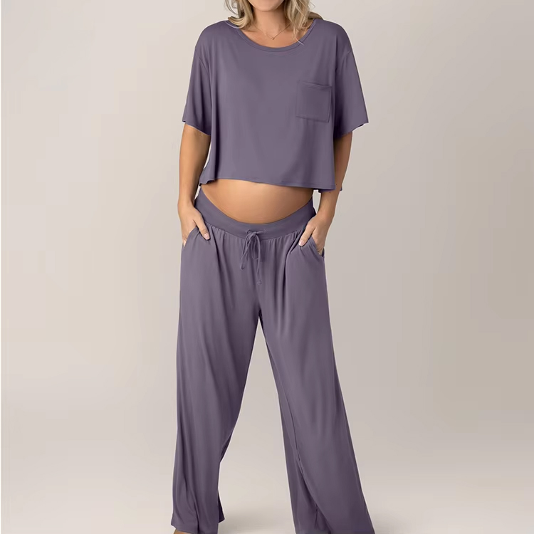 Women Casual Leisure Sets Bamboo Crop Tee Loose-fit Trouser
