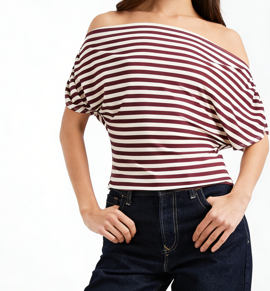 Women's Striped Off-Shoulder Crop Top Casual Short Sleeve Ruched Regular Fit Stretchy Summer Breathable Daily Wear Blouse