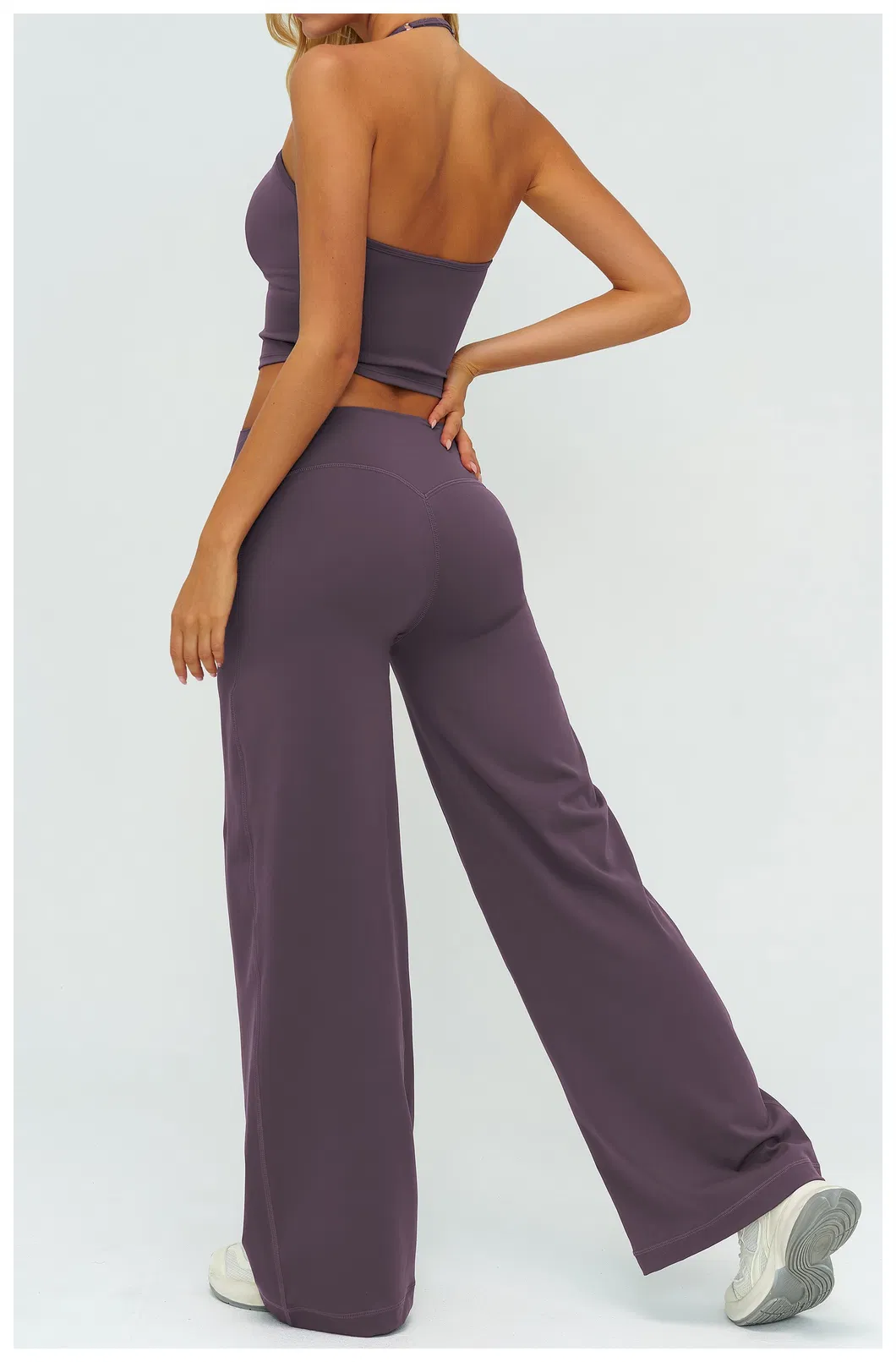 Elegant Resort Wear Yoga Set Halter Neck Top & Flowing Wide Leg Palazzo Pants, Naked Feel for Beach & Vacation