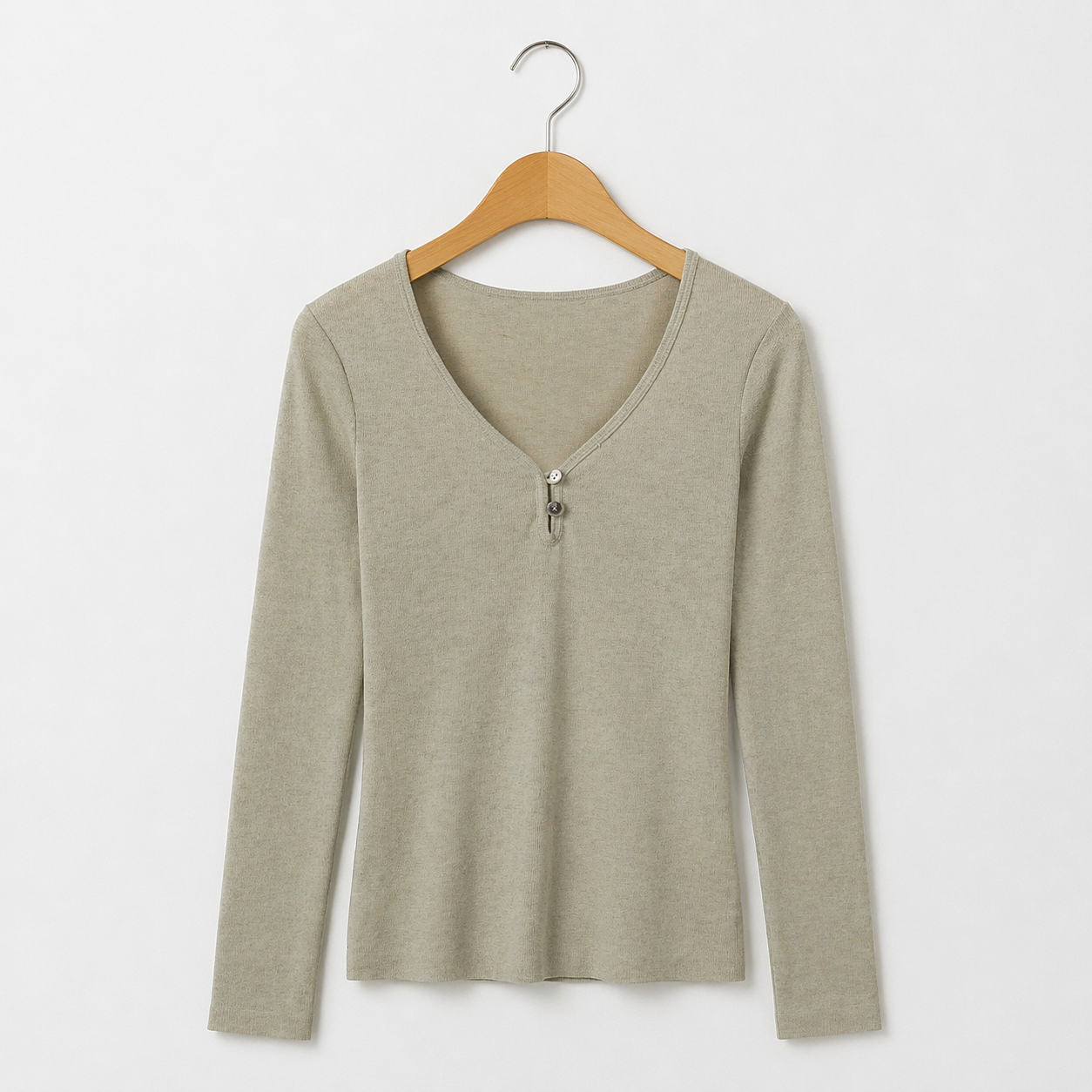 Women's Breathable V Neck Long Sleeve Rib Knit Top Button Front Solid Color Casual Layering T Shirt for Spring/Autumn Daily Wear