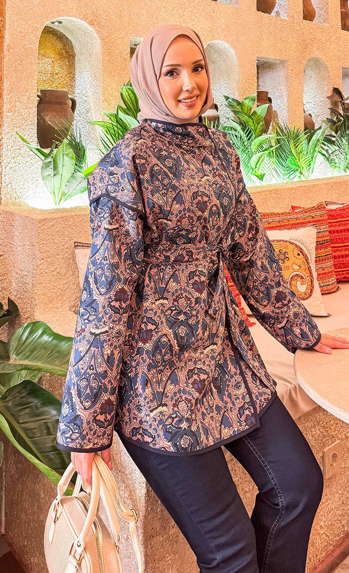 Women's Adult Piped Middle Eastern Ethnic Pattern Quilted Cotton TR Dress Autumn Winter Fashion Detachable Belt Button Detail