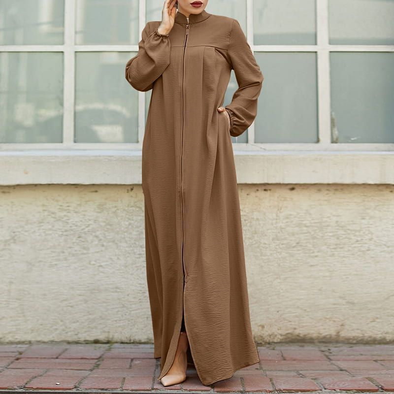 2025 New Handmade Muslim Women's Loose Kaftan Stand-Up Collar Zipper Cardigan Pocket Breathable Arab Style Prayer Dress Middle
