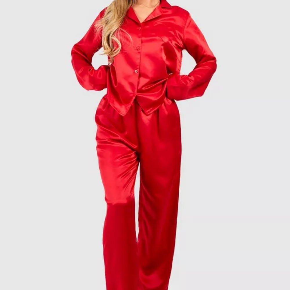 Women's Sleepwear Plain Red Colour Long-sleeved 95%Polyester+5%Spandex Pajama High-end Lounge Wear Breathable Soft Four Season