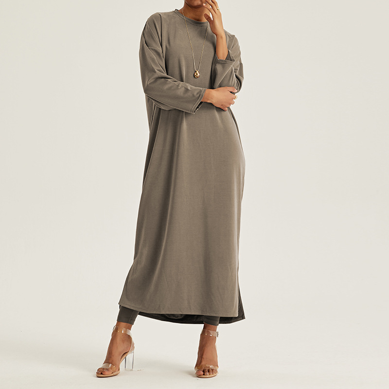 2025 Long Sleeve Side Slit Casual Muslim Modest Dress Women Loose Adults Crew Neck Islamic Clothing