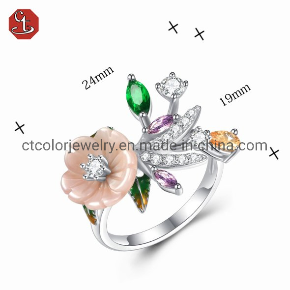Fashion shell flower jewelry collection enamel green glass flower ladies ring