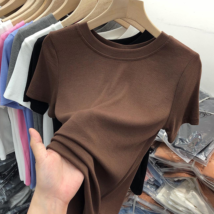 Women's Summer New Cute Slim Crew Neck Viscose Short Sleeve Solid Color All-match Inner Wear Base T-shirt