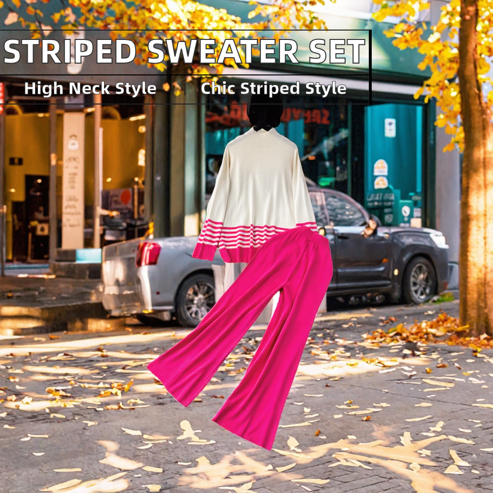 Casual Wear Women's Summer Breathable Regular Fit Crew Neck Color Blocking Knit Pullover Sweater &amp; High-waisted Trouser Suit