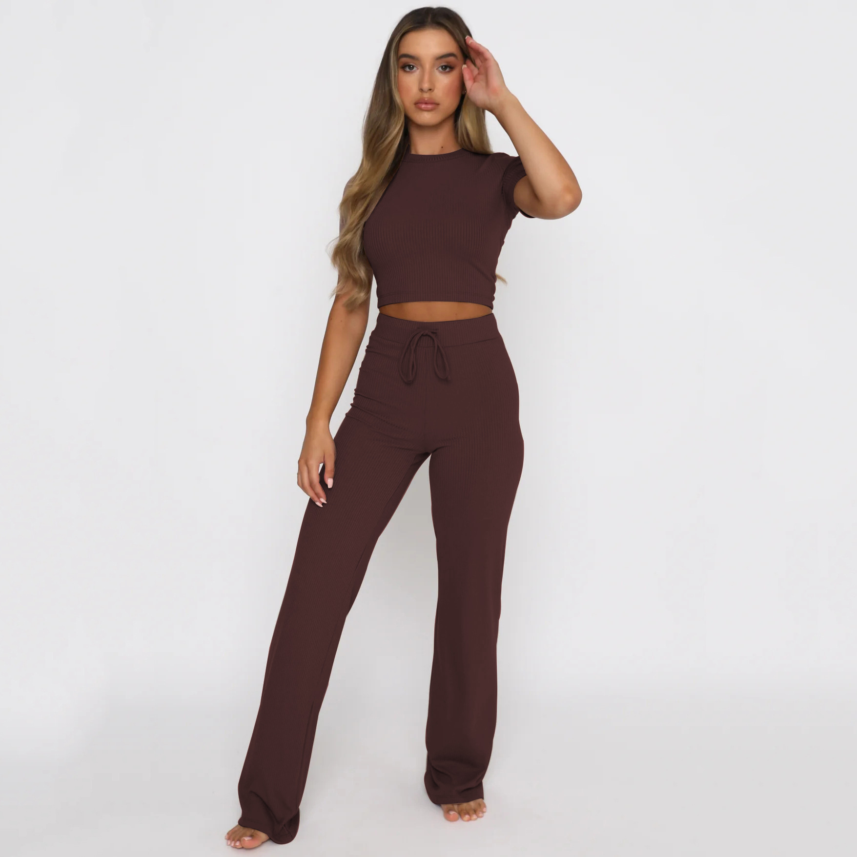 Women's Cotton Ribbed Loungewear Set Breathable Summer T-Shirt and Pants with Vintage Pattern Casual Solid Style