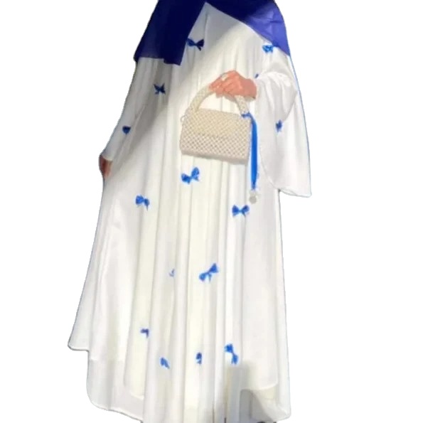 Summer New White Muslim Dress Butterfly Abaya Middle East Arab Women's Dubai Abaya Loose Flared Sleeve Bow Tie Robe Dress