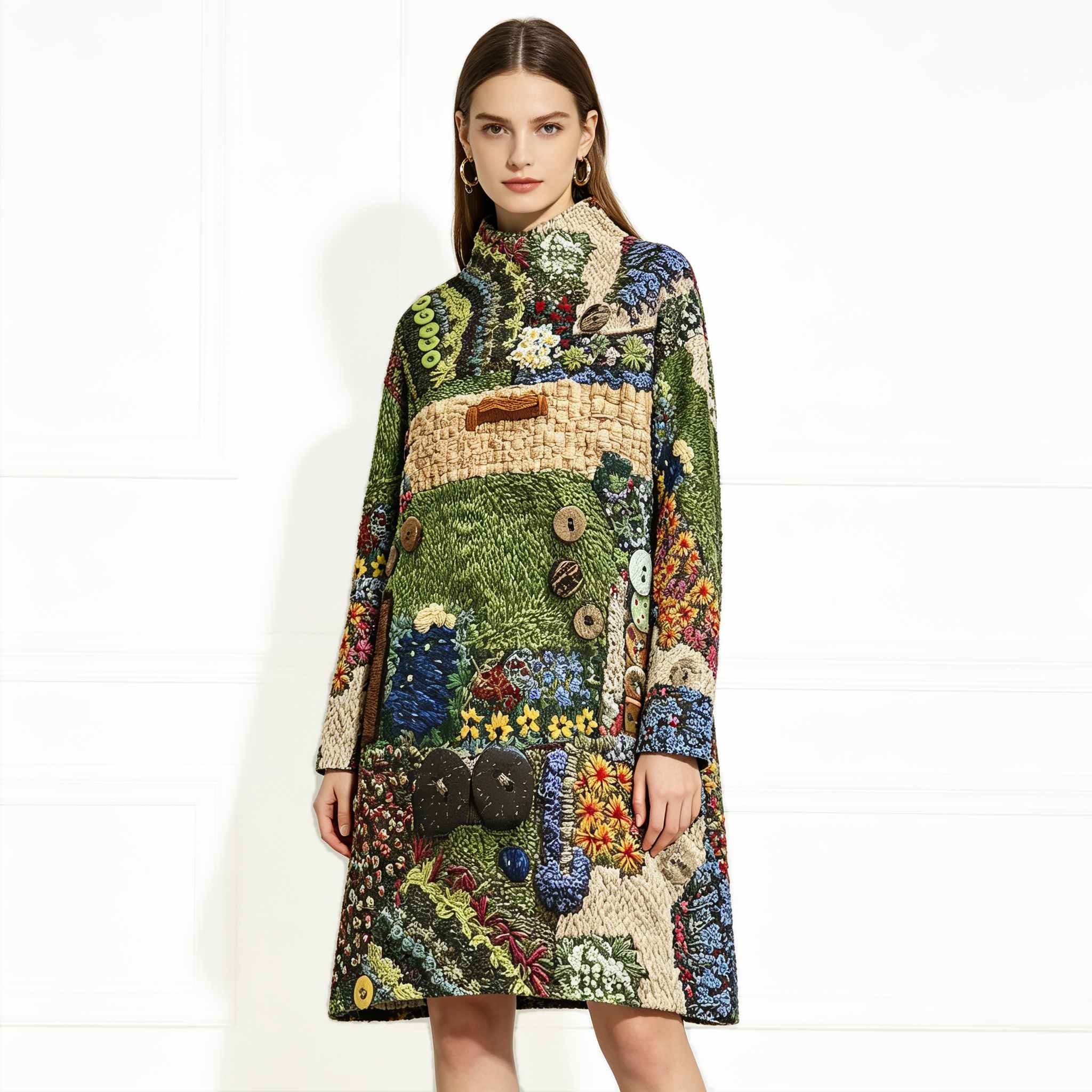 Women's Turtleneck Knit Dress Long Sleeve Whimsical Floral Embroidery A-Line Relaxed Fit All Season Casual Daily Wear