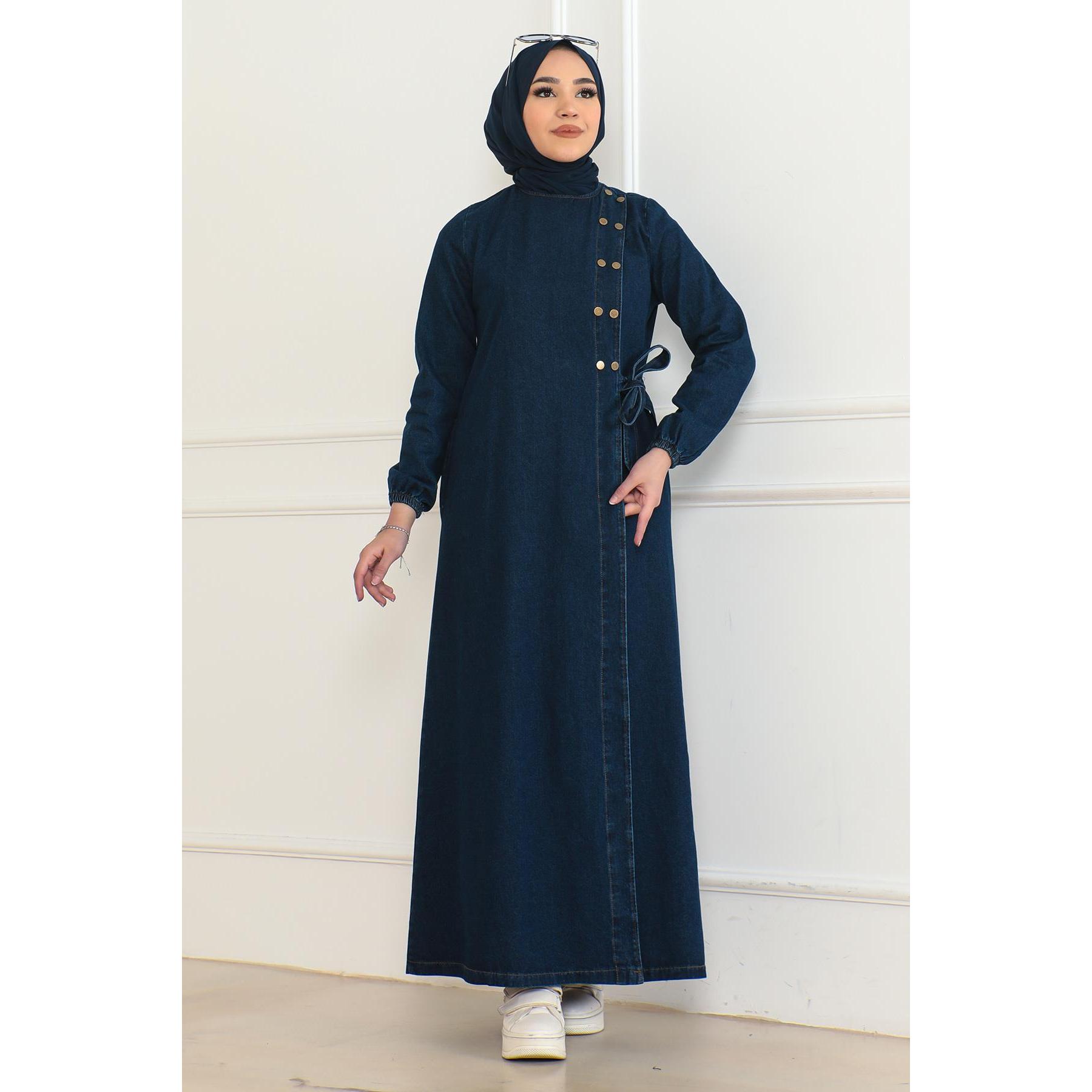 Dark Blue Denim Modest Women's Daily Button-Front Side-Tie Abaya Model 41459