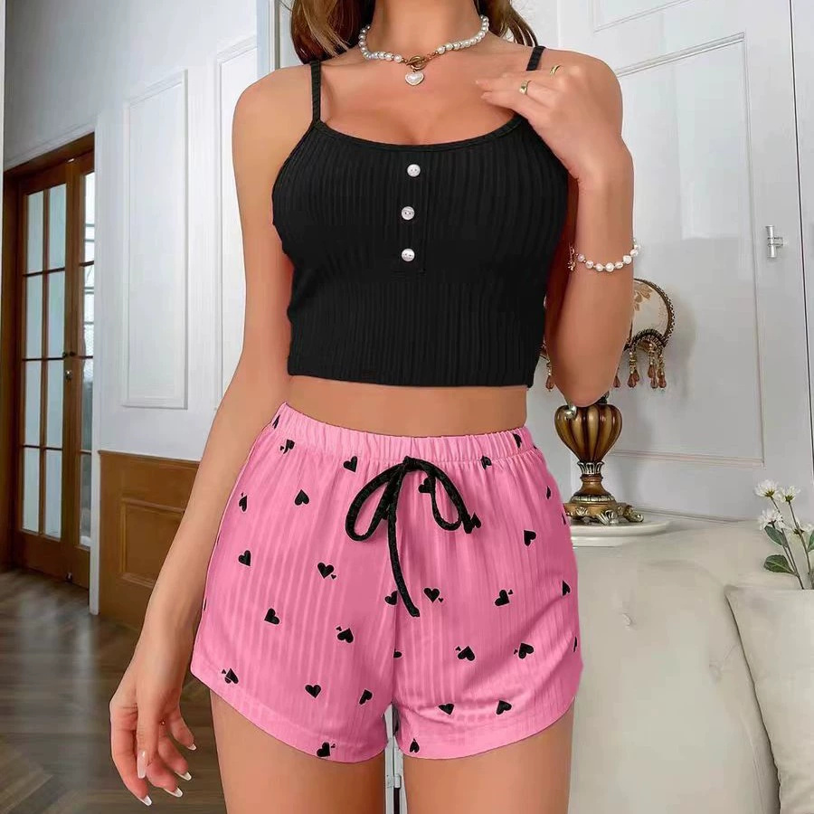 EHK0100 3pcs Women's Heart-Shaped Printed Vest Shorts and Pants Paired with Ribbed Fabric Home Casual Women's Sleepwear Set