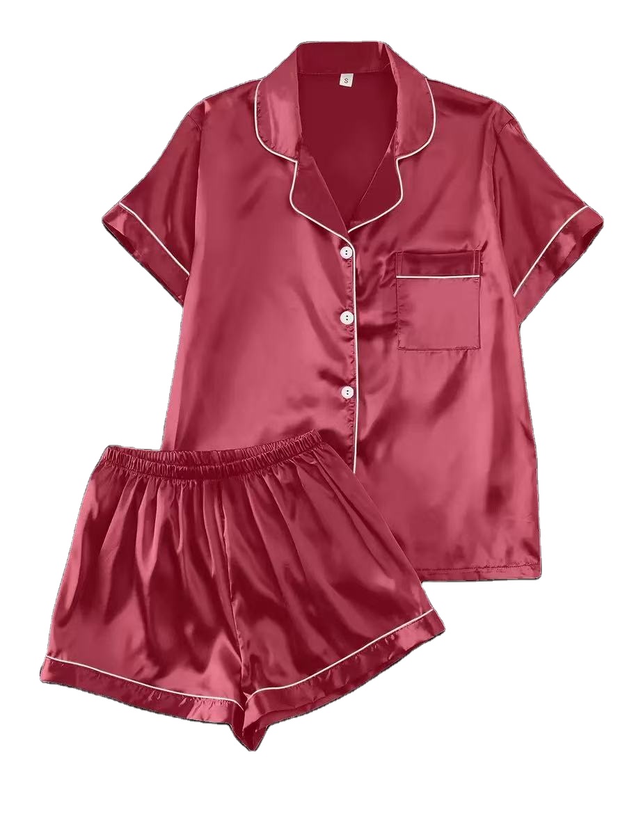 2 Pcs Women's Cute Comfortable Stain Pajamas Set Turn-Down Collar Elastic Waist Short Sleeve Trousers Sleepwear/Leisure/Night