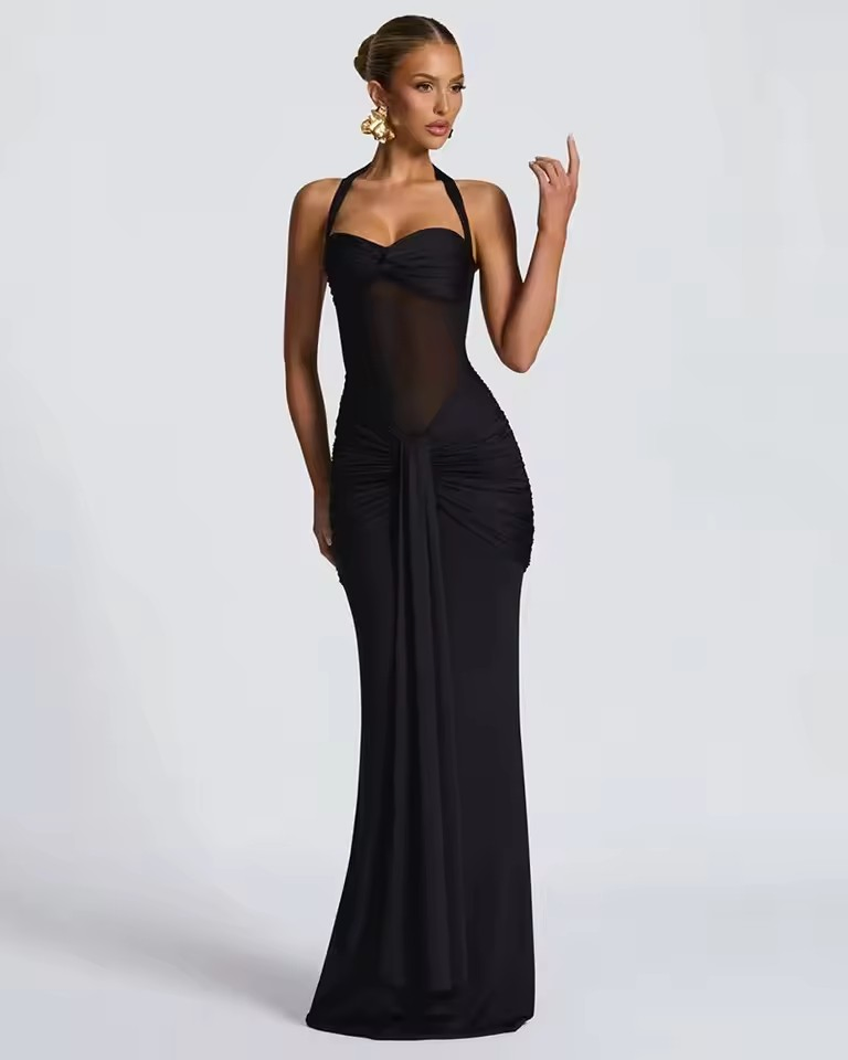 Halter Neck Mesh Long Dress Fashion New Mesh Patchwork Elegant Mermaid Tail Ribbon Dress
