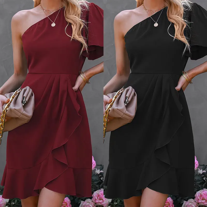 2025 Fashion Summer Solid Color Slash Neck One Shoulder Short Sleeve Dress